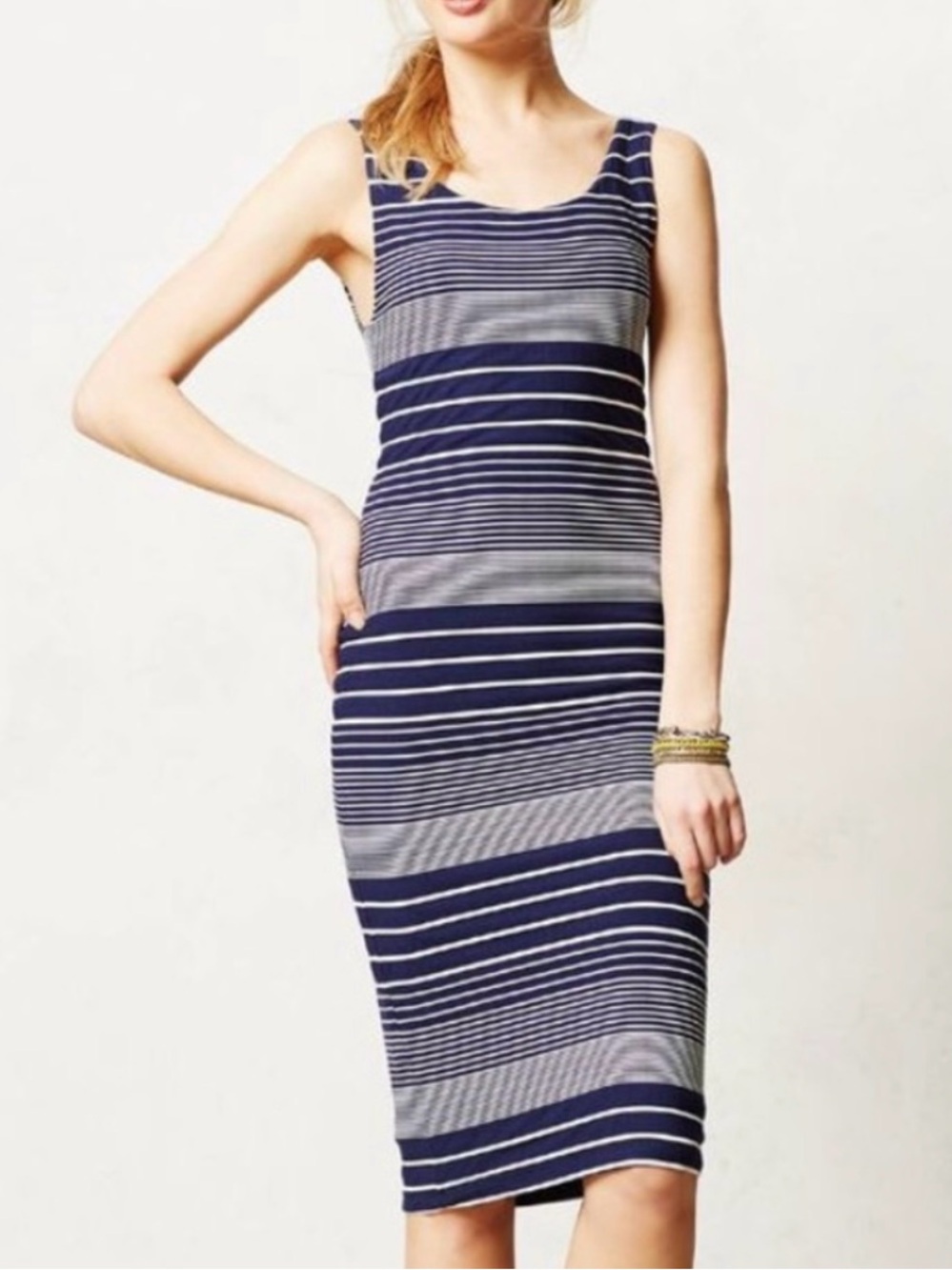Anthropologie Maeve Edisto Striped Column Midi Dress Navy Small
